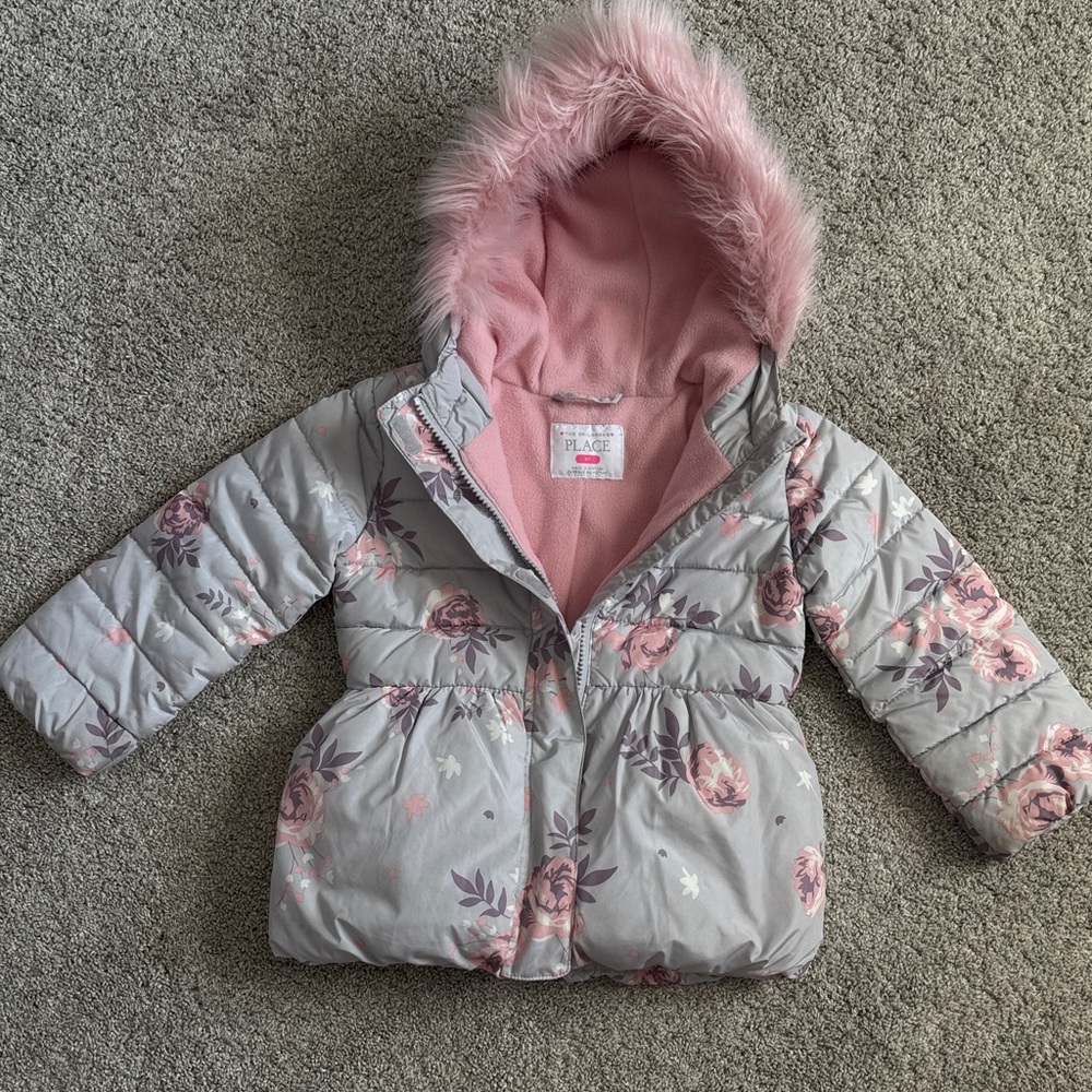 Children’s Place Floral Gray and Pink Hooded Puffer Jacket